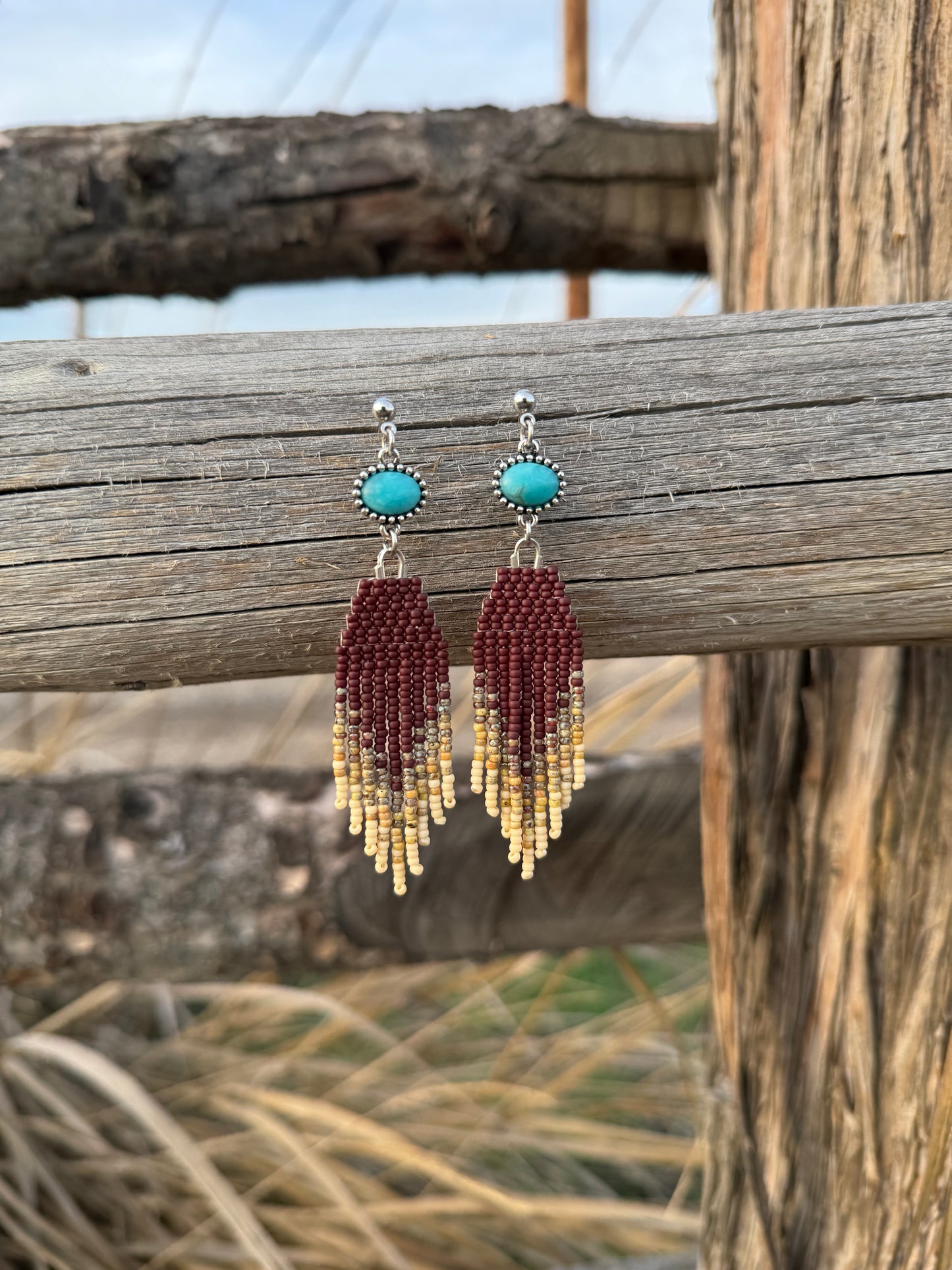Brown and Cream with Turquoise Western Fringe Earrings