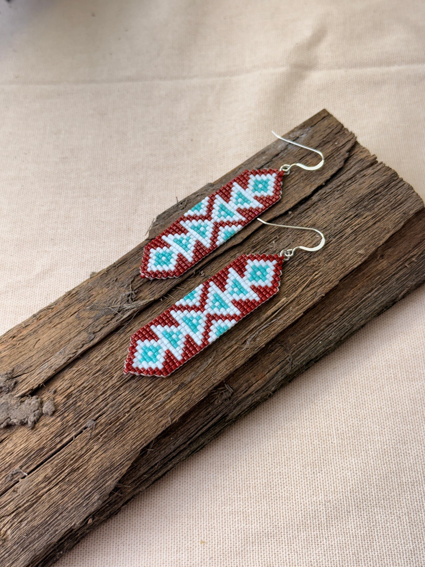 Loom Beaded Red Geometric Earrings