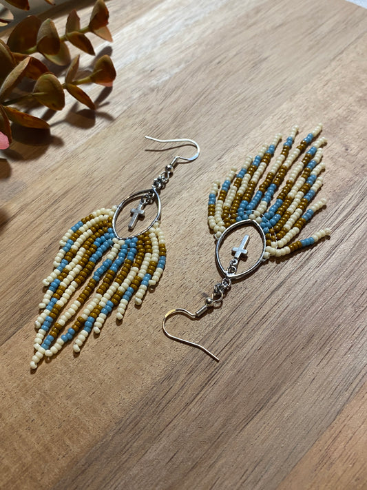 Teardrop Beaded Fringe Earrings w/ Cross embellishment and Sterling Silver Earwire