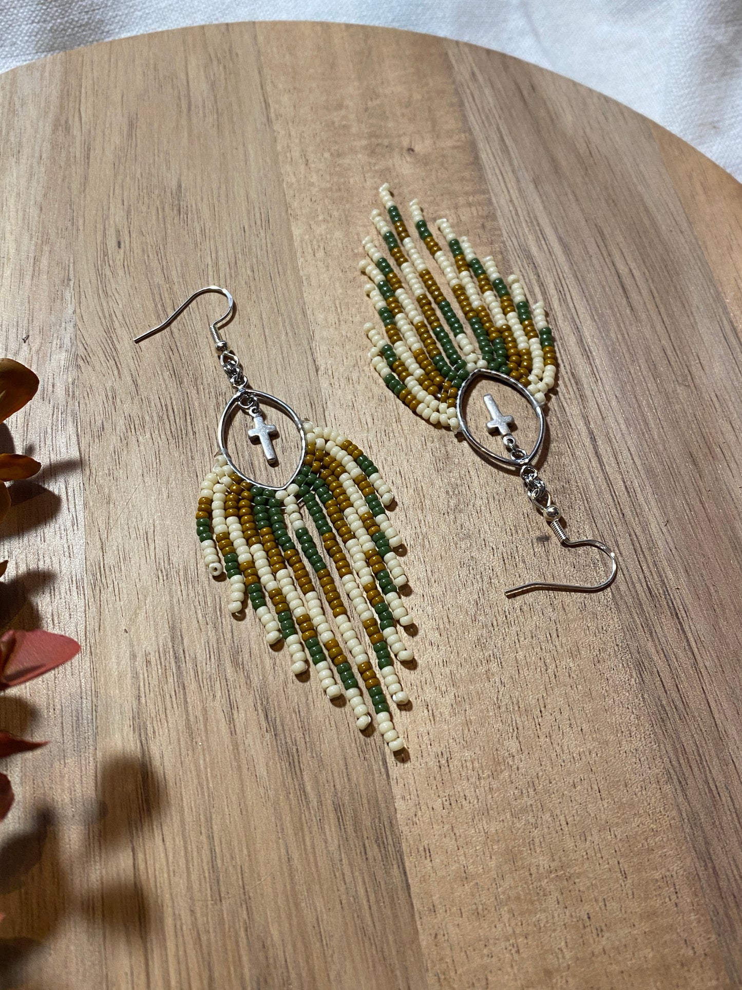 Green Beaded Fringe Earrings w/ Cross embellishment and Sterling Silver Earwire