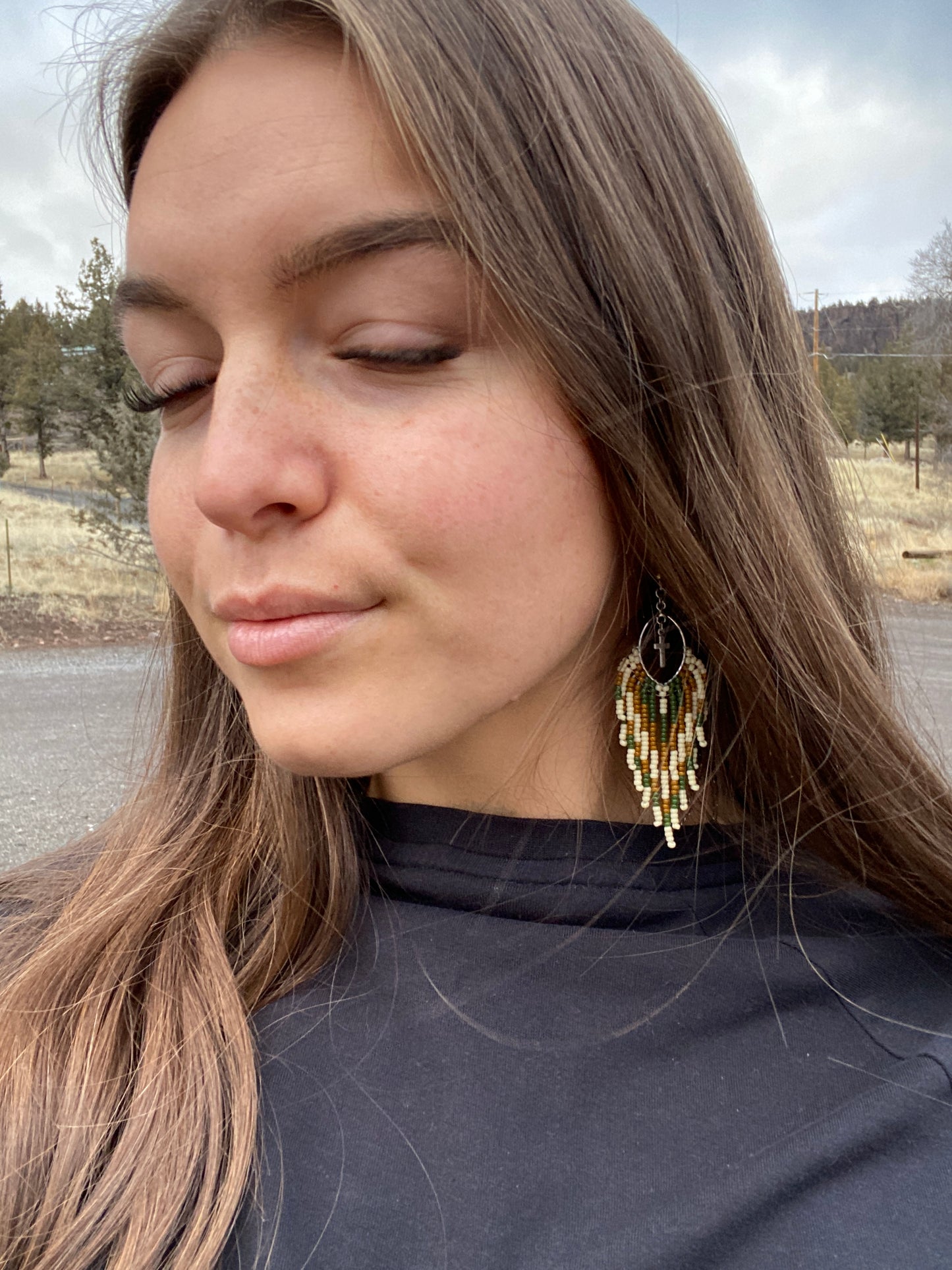 Green Beaded Fringe Earrings w/ Cross embellishment and Sterling Silver Earwire
