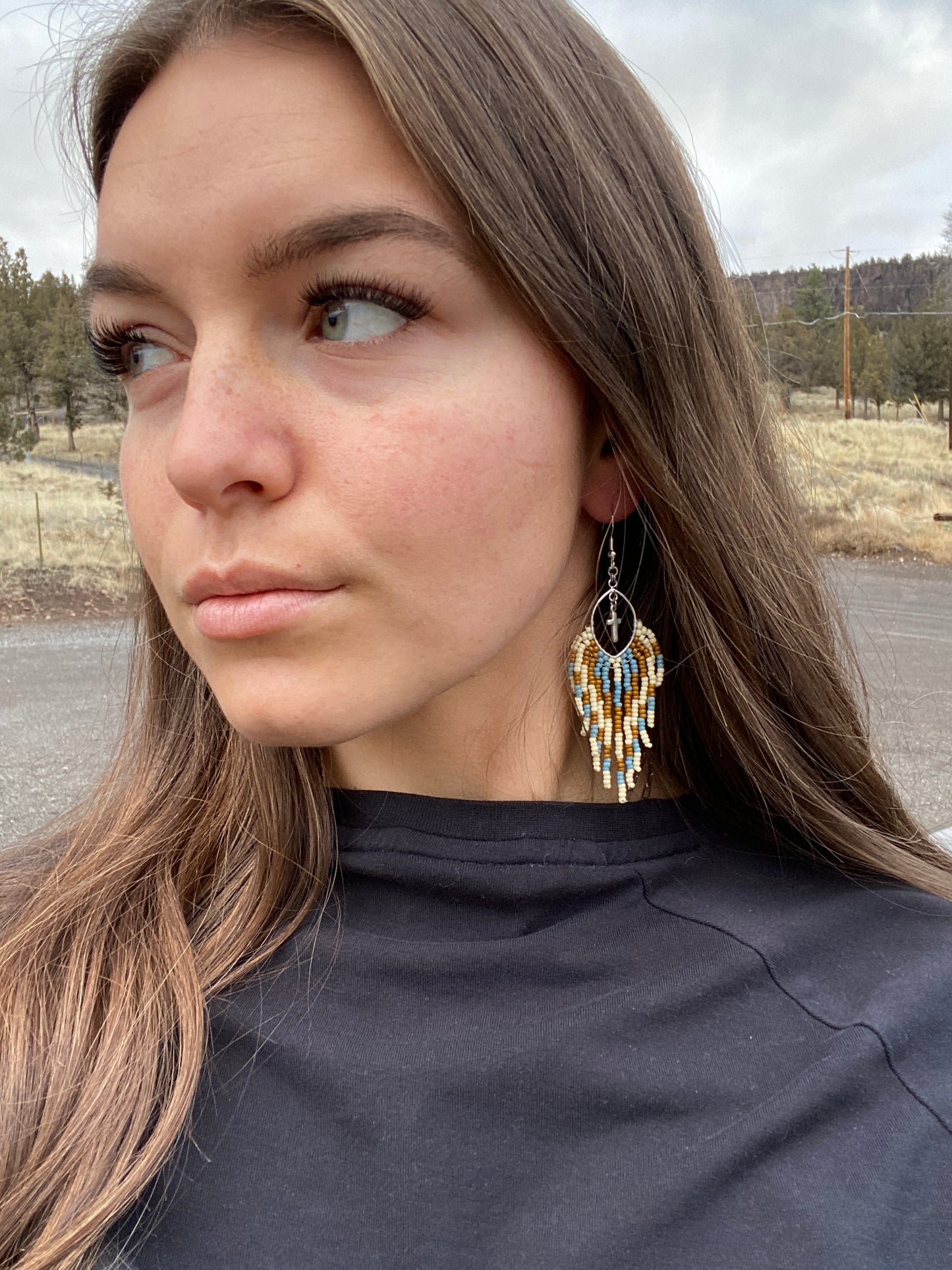 Teardrop Beaded Fringe Earrings w/ Cross embellishment and Sterling Silver Earwire