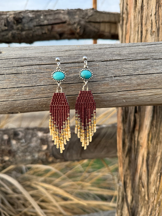 Brown and Cream with Turquoise Western Fringe Earrings