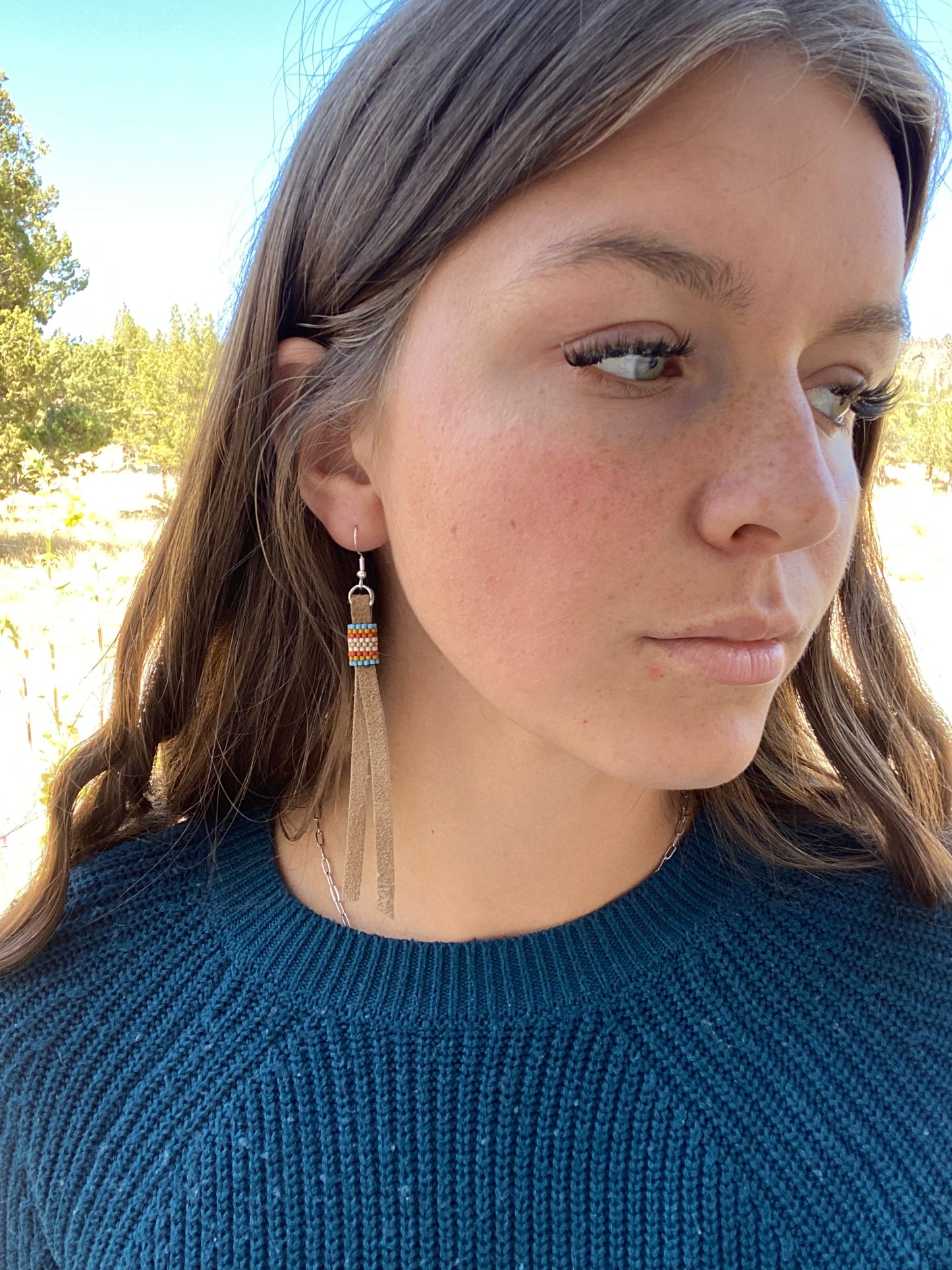 Leather and Beadwork Fringe Earrings