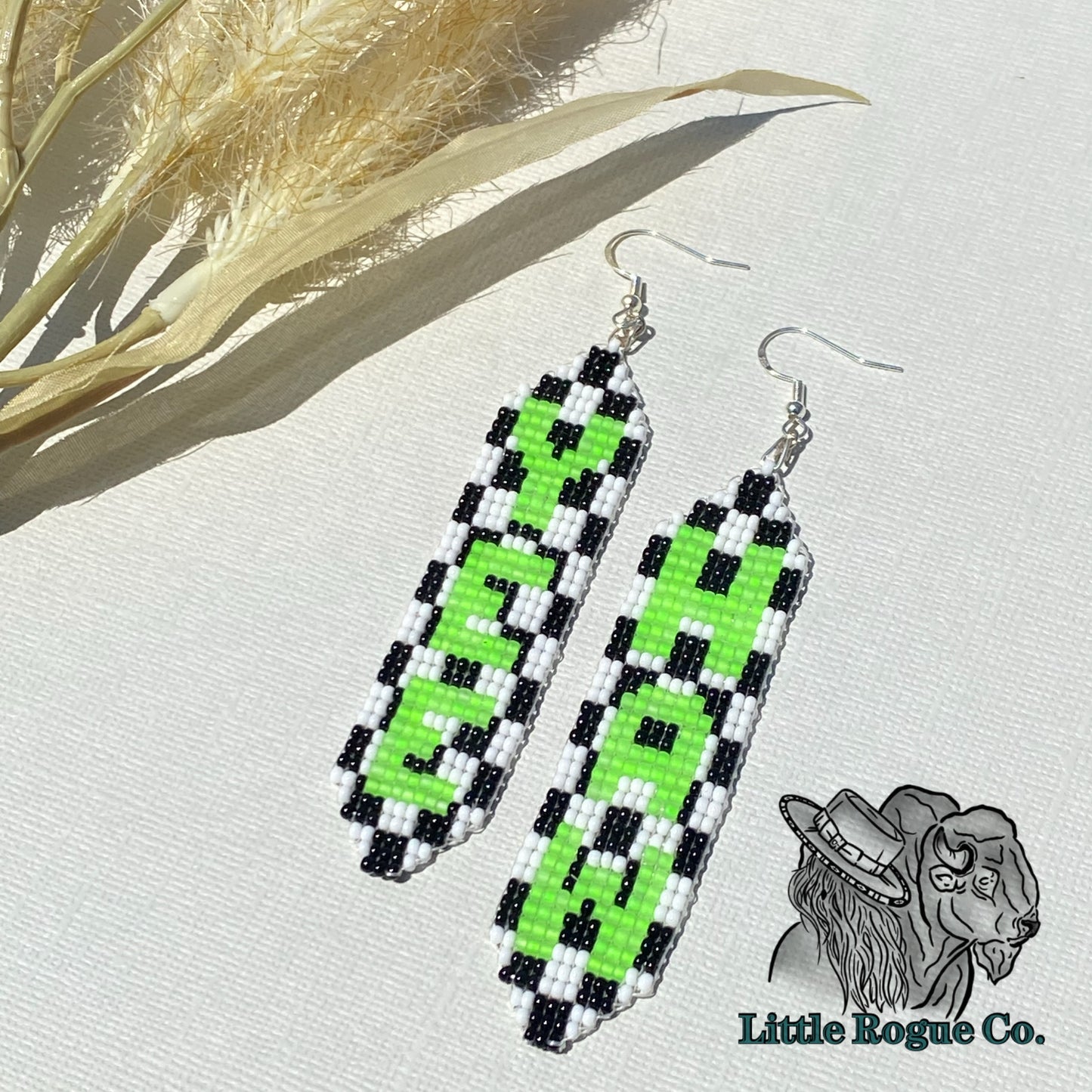 Neon Green Checkered Yee Haw Sterling Silver Loom Earrings