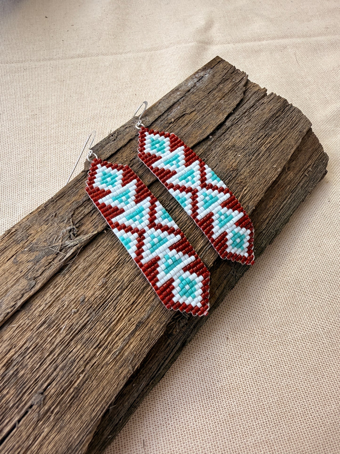 Loom Beaded Red Geometric Earrings