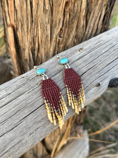 Brown and Cream with Turquoise Western Fringe Earrings