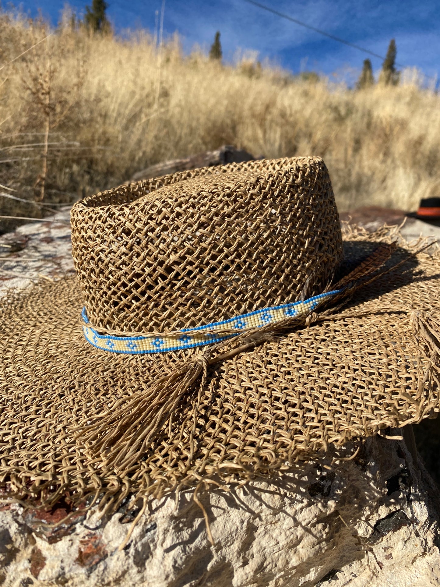 Straw Beaded Flat Brim Hat