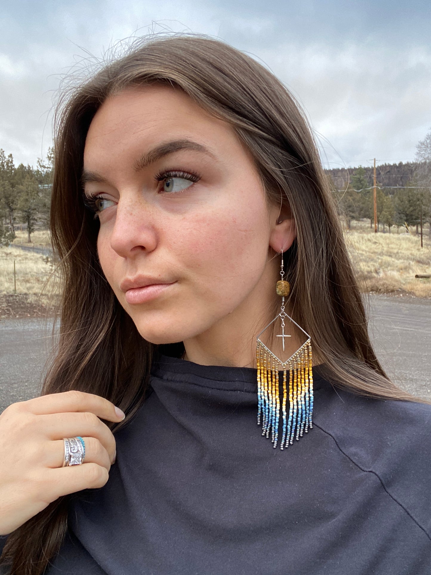 Beaded Fringe Earrings w/ Cross embellishment and Sterling Silver Earwire