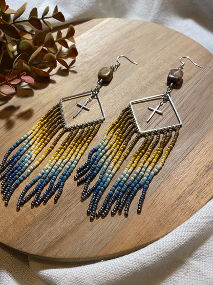 Beaded Fringe Earrings w/ Cross embellishment and Sterling Silver Earwire