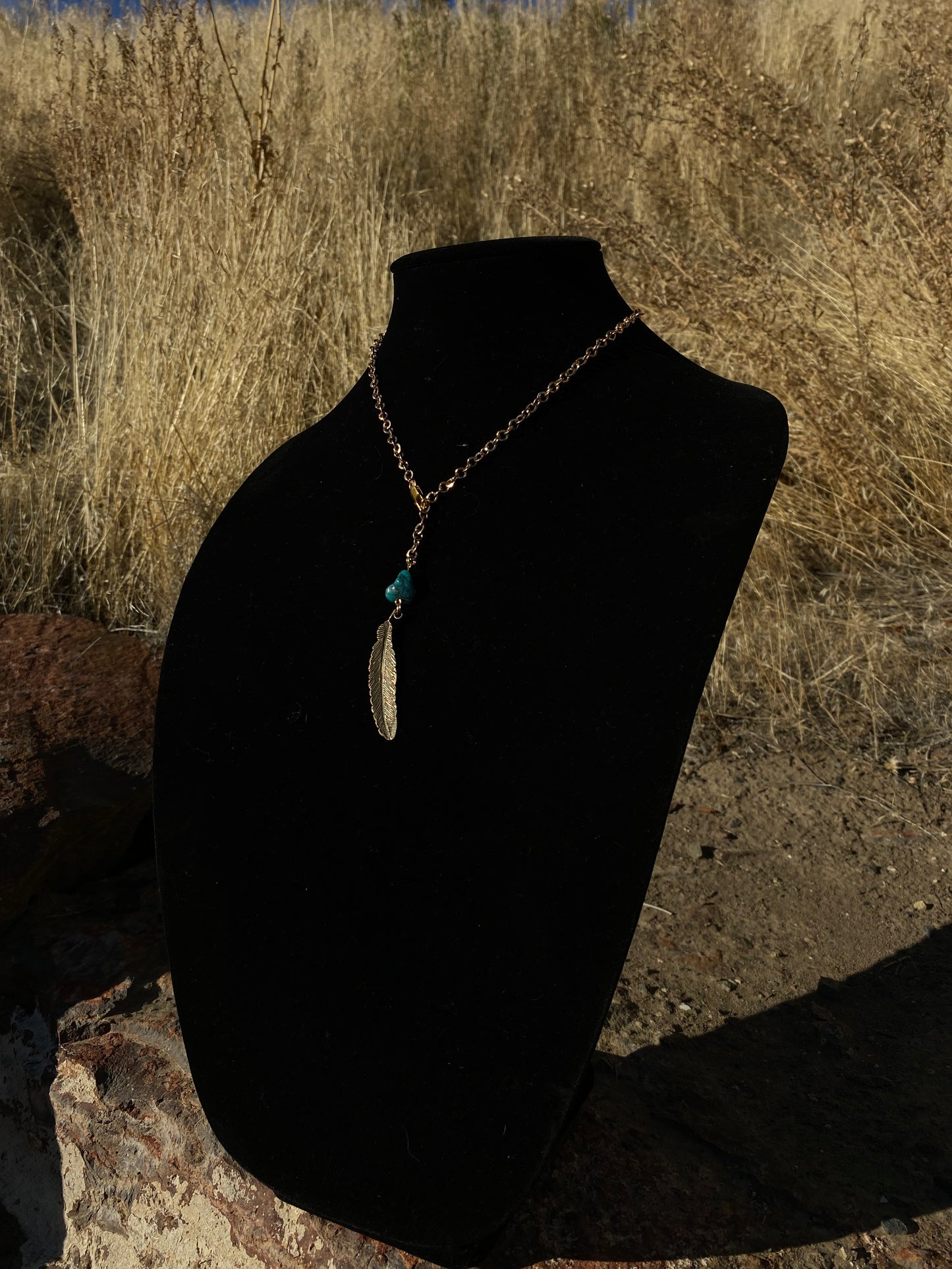 Gold and Turquoise Lariat Necklace w/ Feather Pendant