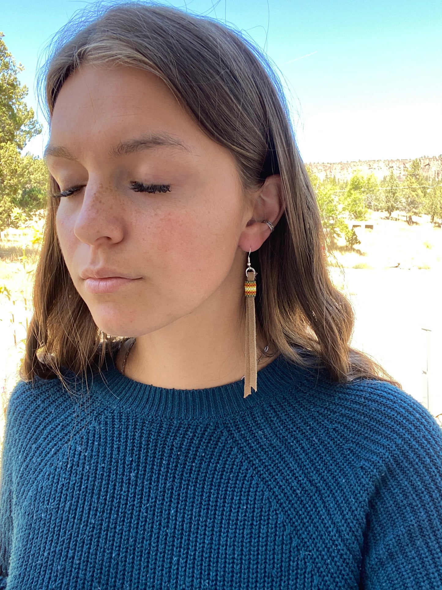 Leather and Beadwork Fringe Earrings