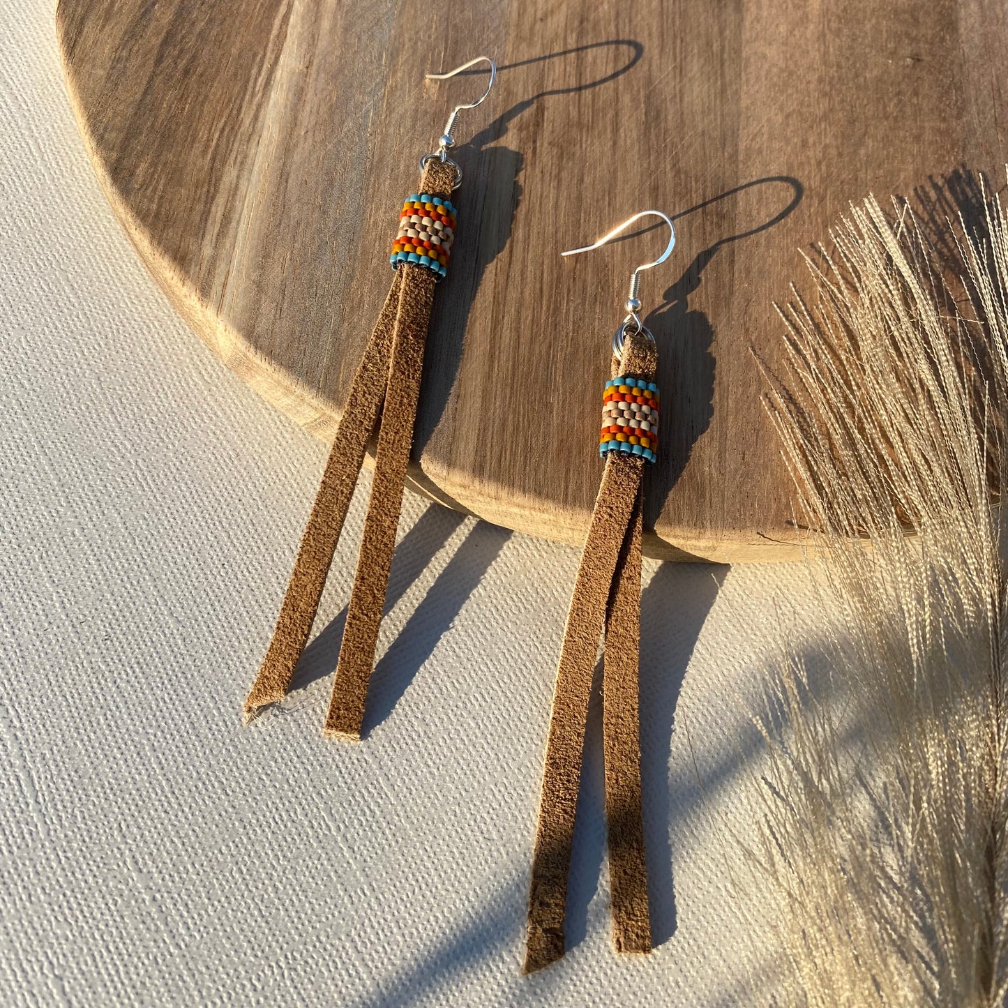 Leather and Beadwork Fringe Earrings