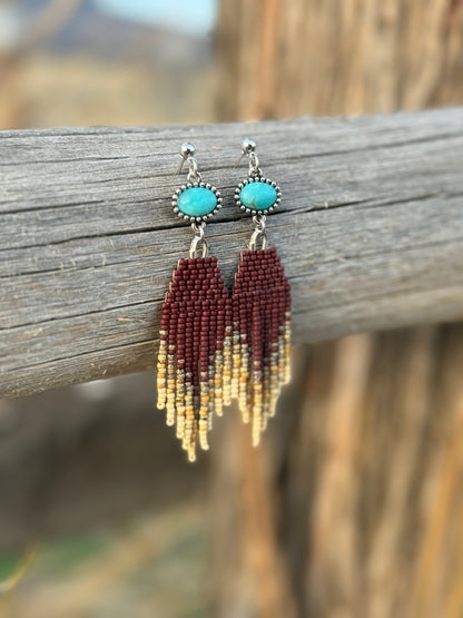 Brown and Cream with Turquoise Western Fringe Earrings