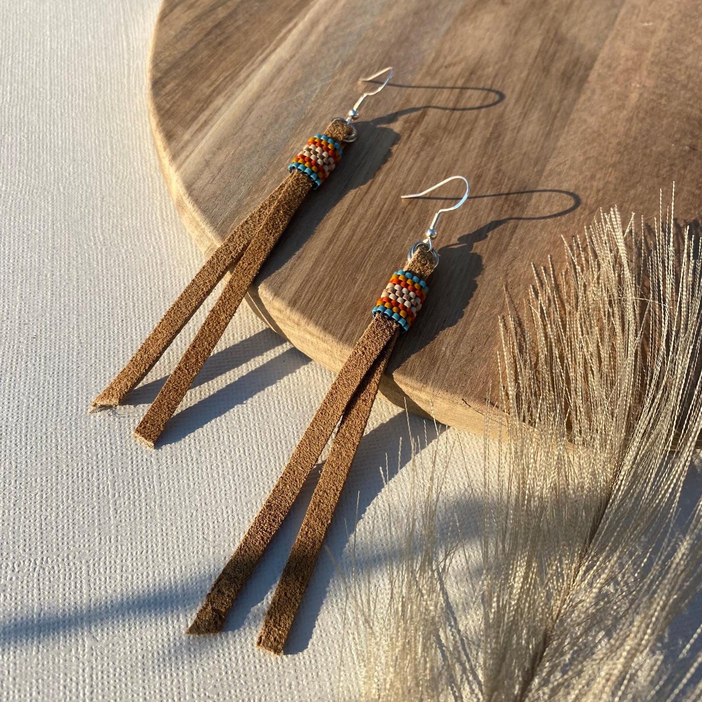 Leather and Beadwork Fringe Earrings