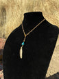 Gold and Turquoise Lariat Necklace w/ Feather Pendant