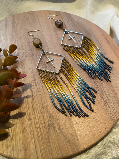 Beaded Fringe Earrings w/ Cross embellishment and Sterling Silver Earwire