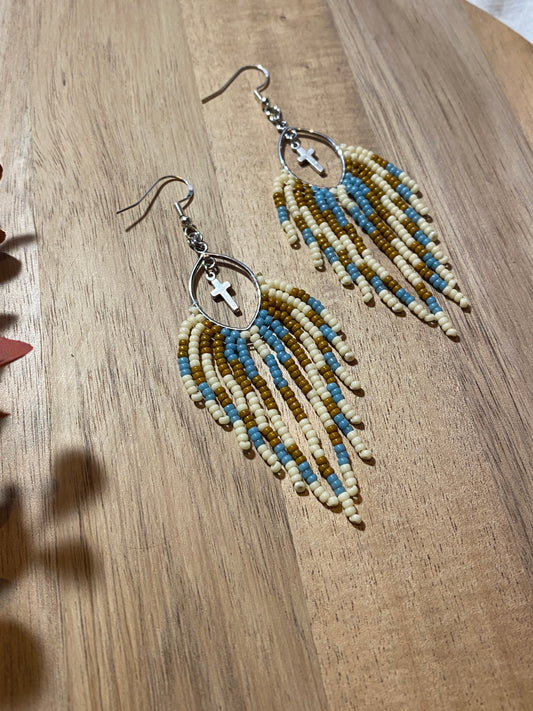 Teardrop Beaded Fringe Earrings w/ Cross embellishment and Sterling Silver Earwire