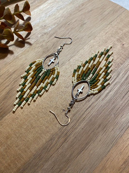 Green Beaded Fringe Earrings w/ Cross embellishment and Sterling Silver Earwire