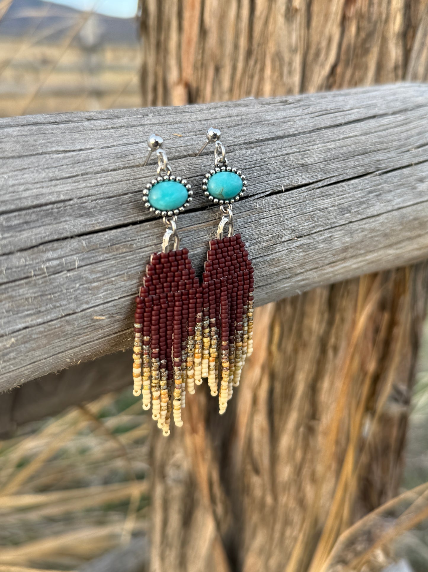 Brown and Cream with Turquoise Western Fringe Earrings