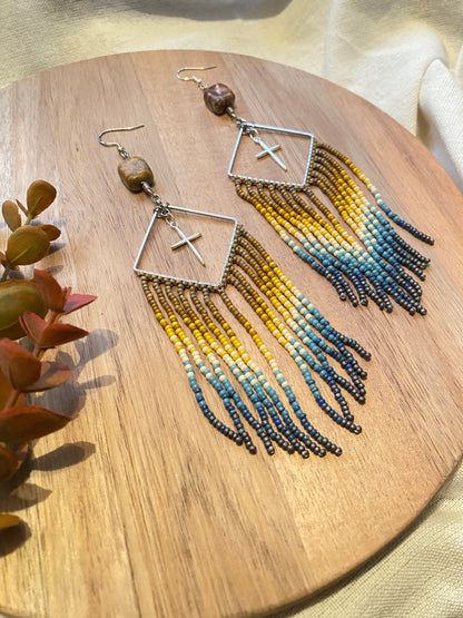 Beaded Fringe Earrings w/ Cross embellishment and Sterling Silver Earwire