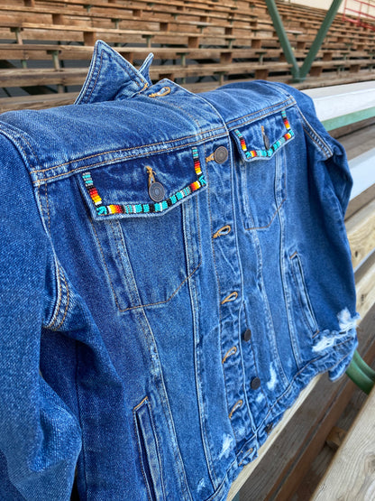 Beaded Pendleton Inlayed Denim Jacket