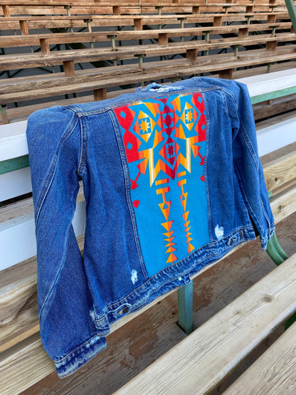 Beaded Pendleton Inlayed Denim Jacket