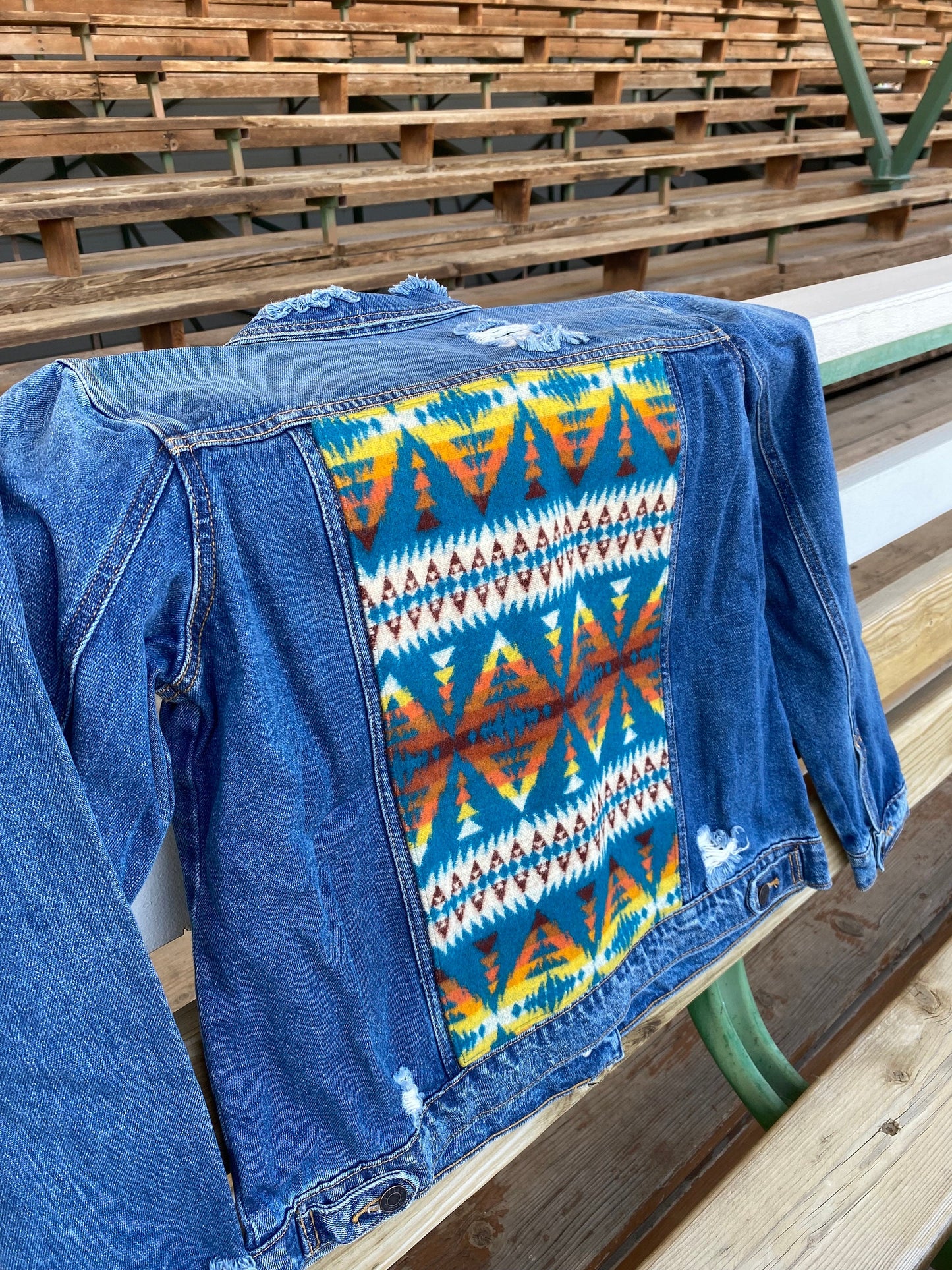 Beaded Pendleton Inlayed Denim Jacket