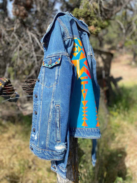 Beaded Pendleton Inlayed Denim Jacket