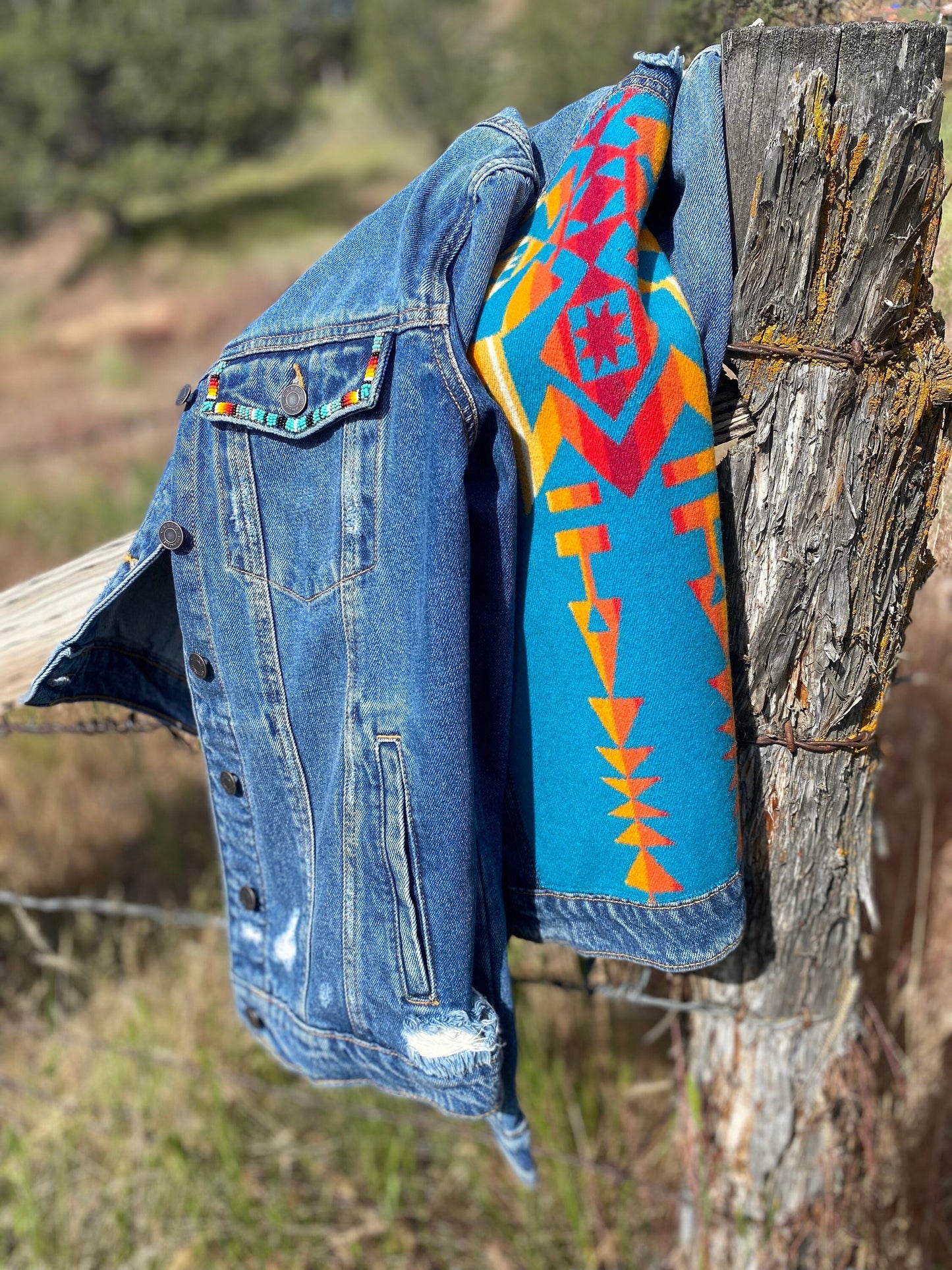 Beaded Pendleton Inlayed Denim Jacket