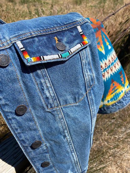 Beaded Pendleton Inlayed Denim Jacket