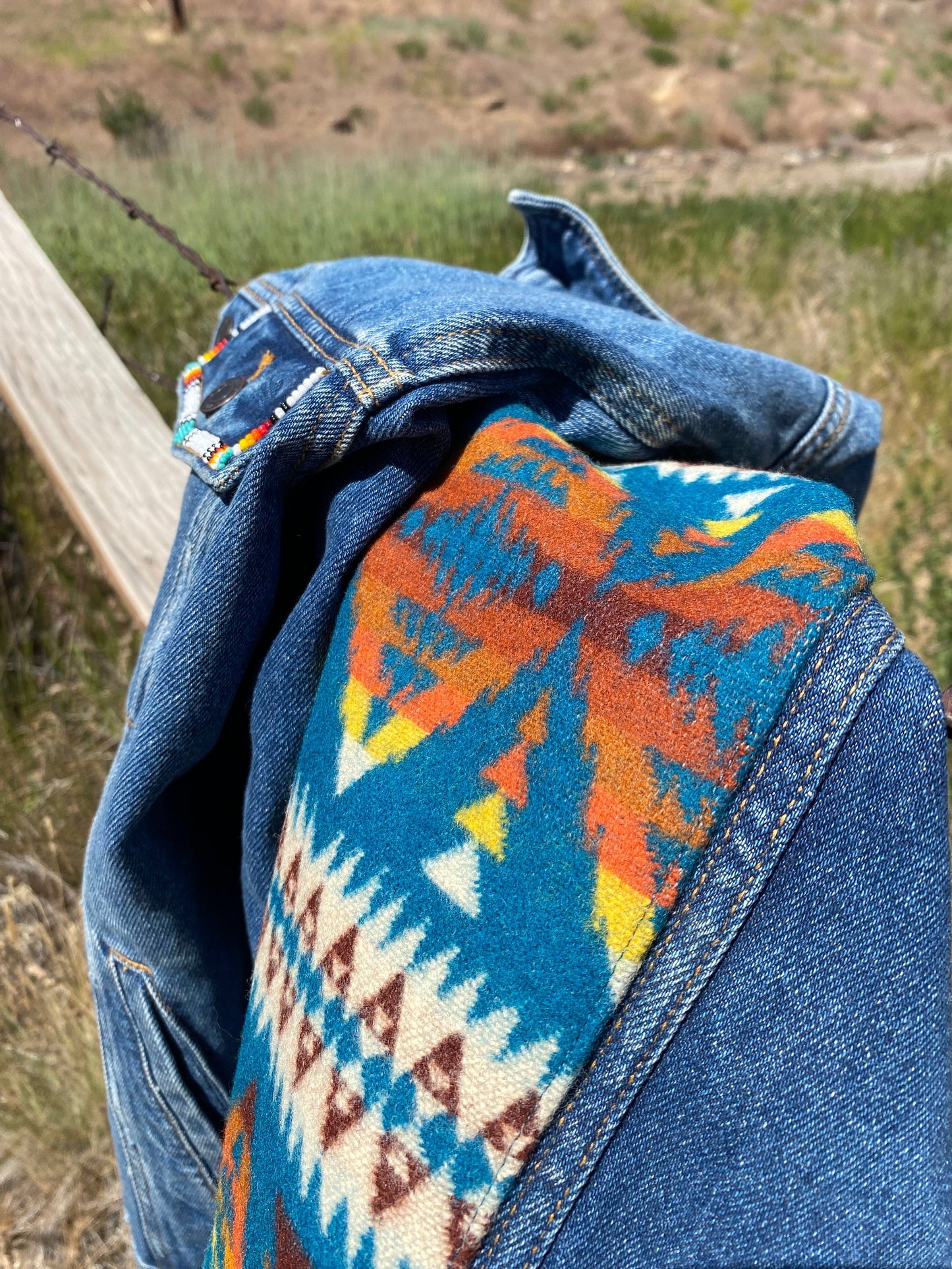 Beaded Pendleton Inlayed Denim Jacket